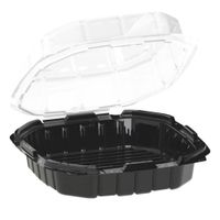 Anchor Packaging 4669020 Crisp Food Technologies Hinged
Container, 1-Compartment, Clear/Black, Plastic - 32 oz; 9" x
9"