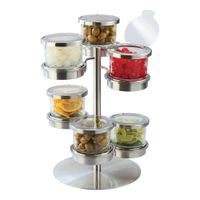 Cal-Mil 1858-4-55 Mixology Revolving Cold Condiment Display,
6-Tier, Stainless Steel/Glass - 14" x 11" x 11-1/4"