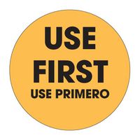 "Use First" Round Label, English/Spanish, Orange/Black - 3"