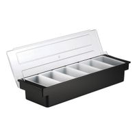 TableCraft 102 Bar Condiment Holder, With (6) 1-Pint White
Inserts, Abs Black, Plastic - 19-3/4" X 6-1/2" X 3-1/4"